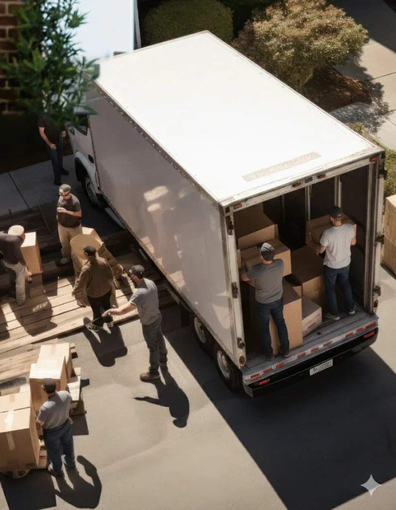 Movers loading boxes into moving truck from home