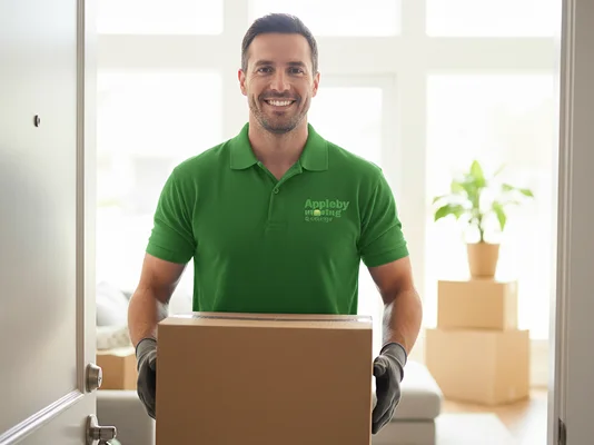 Appleby Moving professional carrying a box into a home