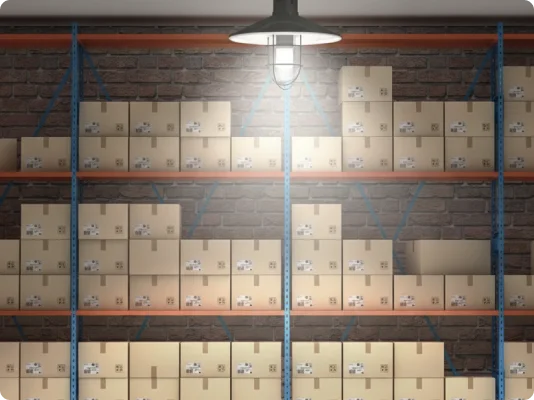 Warehouse shelving filled with labeled moving boxes